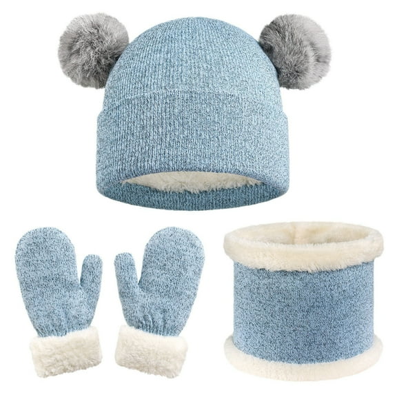ZQUUVOU Kids Beanie Hat Scarf Gloves Set Hat Warmer Knit Thick Ski Head Hat with Faux Fur Pom Scarf Gloves Set for Girls Boys Blue