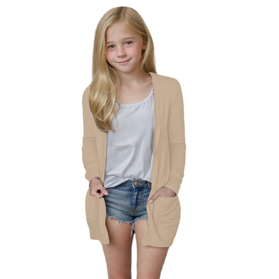 ZQUUVOU Kids Girls Fall Cardigans Open Front Knit Sweater Solid Color Soft Lightweight Outerwear Coat with Pockets Khaki