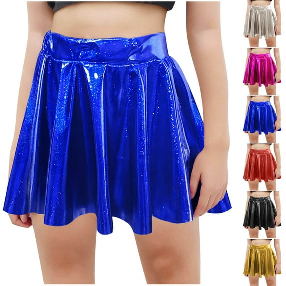ZQUUVOU Kids Girls Sequin Pleated Skirt Solid Color Laser Shine Short Skirt Party Princess Tutu Performance Skirt Red