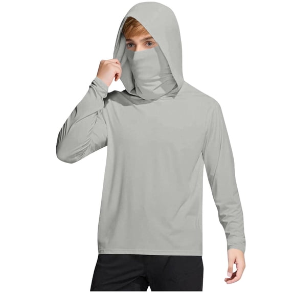 ZQUUVOU Kids Hooded Sun Shirts with Face Mask Cooling Ice Silk Breathable UPF 50+ Long Sleeve Sports Top for 4-15 Years Gray