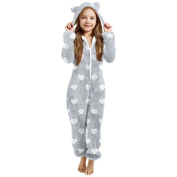 ZQUUVOU Kids Plush Pajama Jumpsuit Solid Color Fleece Heart Print Zipper Hood with Ears Hood Full Body Sleepwear Gray