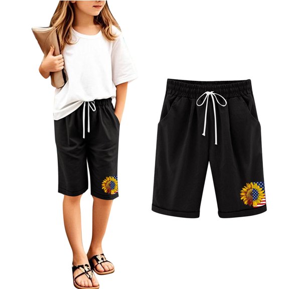 ZQUUVOU Kids Print Shorts Summer Cotton Linen Drawstring Elastic Waist Shorts with Pocket Casual Play Pants Black