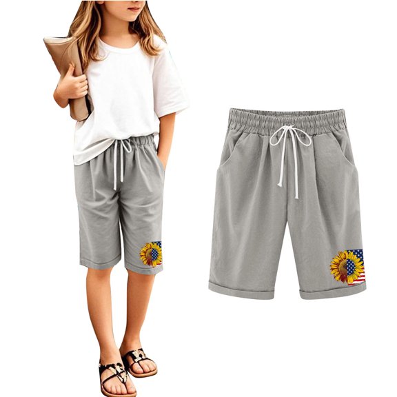 ZQUUVOU Kids Print Shorts Summer Cotton Linen Drawstring Elastic Waist Shorts with Pocket Casual Play Pants Gray