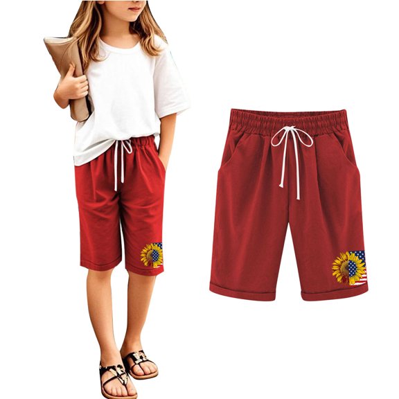 ZQUUVOU Kids Print Shorts Summer Cotton Linen Drawstring Elastic Waist Shorts with Pocket Casual Play Pants Red