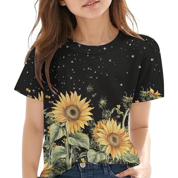 ZQUUVOU Kids Printed Casual Top Boys Girls Short Sleeve Crewneck Soft Cotton Blend Summer Tee for Kids 3-14 Years Black