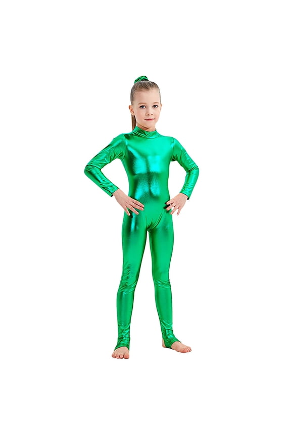 Kids Shiny Metallic Bodysuit Stretch Long Sleeve Unitard Sleek Performance One Piece for Dance Gymnastics Green
