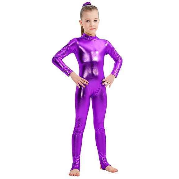 ZQUUVOU Kids Shiny Metallic Bodysuit Stretch Long Sleeve Unitard Sleek Performance One Piece for Dance Gymnastics Purple