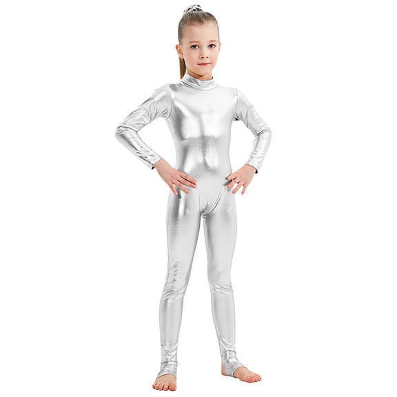 ZQUUVOU Kids Shiny Metallic Bodysuit Stretch Long Sleeve Unitard Sleek Performance One Piece for Dance Gymnastics Silver