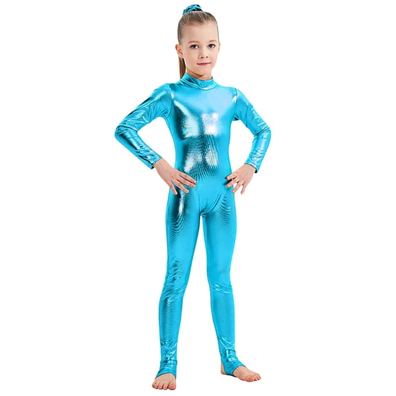 ZQUUVOU Kids Shiny Metallic Bodysuit Stretch Long Sleeve Unitard Sleek Performance One Piece for Dance Gymnastics Sky Blue