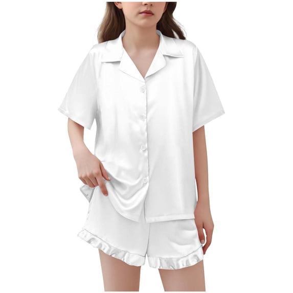 ZQUUVOU Kids Silk Pajama Set Satin Short Sleeve Solid Lapel Top Shorts Button Down Cardigan Loungewear Sleepwear for 5-15 Years White