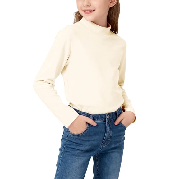 ZQUUVOU Kids Thermal Underwera Tops Mock Neck Long Sleeve Shirts Thick Velvet Warm Base Layer Comfortable Pullover Beige
