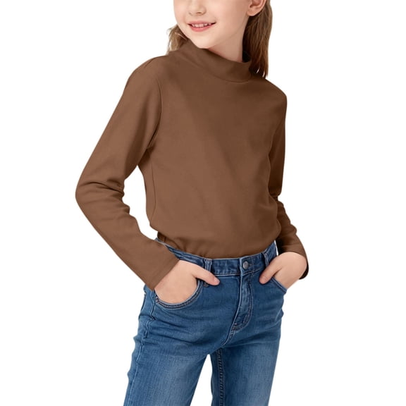 ZQUUVOU Kids Thermal Underwera Tops Mock Neck Long Sleeve Shirts Thick Velvet Warm Base Layer Comfortable Pullover Brown