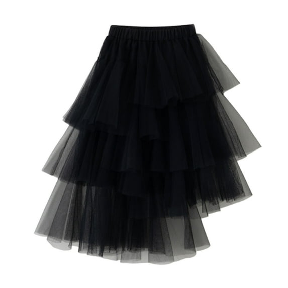 ZQUUVOU Kids Tiered Tulle Midi Skirt Solid Color Asymmetrical Tutu Skirt Dance Performance Party Special Event Black