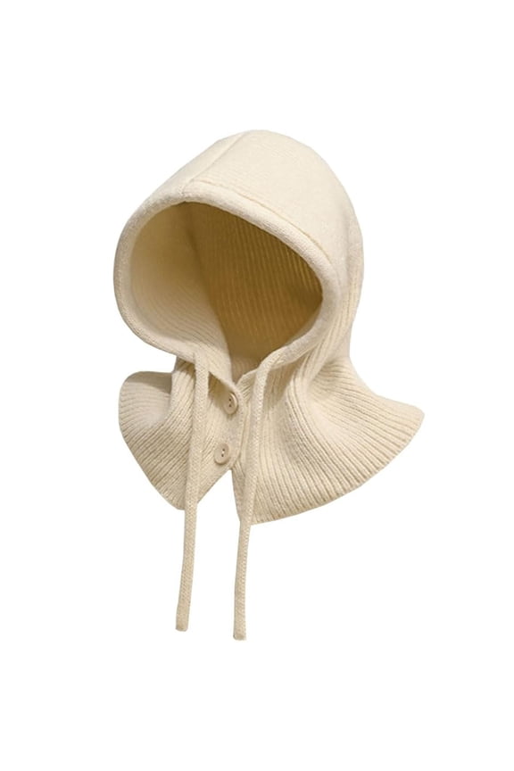 Knit Balaclava Hat for Women Men Button Hooded Scarf Windproof One-piece Hat Scarf Warm Winter Beanie Hat Beige