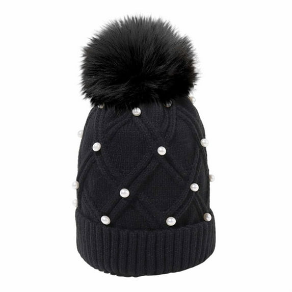 ZQUUVOU Knit Skull Ski Cap for Women Slouchy Winter Beanie Hat with Faux Fur Pom Pearl Beads Fall Hat Warm Thick Beanie Black