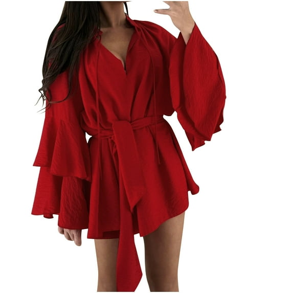 ZQUUVOU Lace Up Silk Dress for Women Long Sleeve Solid Color V Neck Flared Cuff Asymmetrical Hem Elegant Cocktail Dress Red