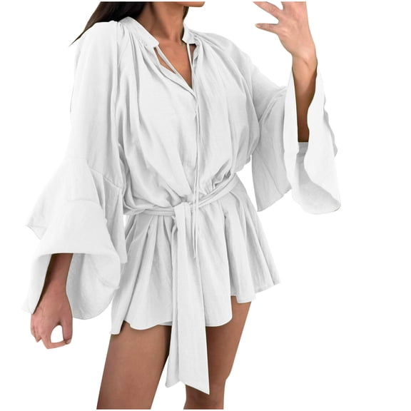 ZQUUVOU Lace Up Silk Dress for Women Long Sleeve Solid Color V Neck Flared Cuff Asymmetrical Hem Elegant Cocktail Dress White