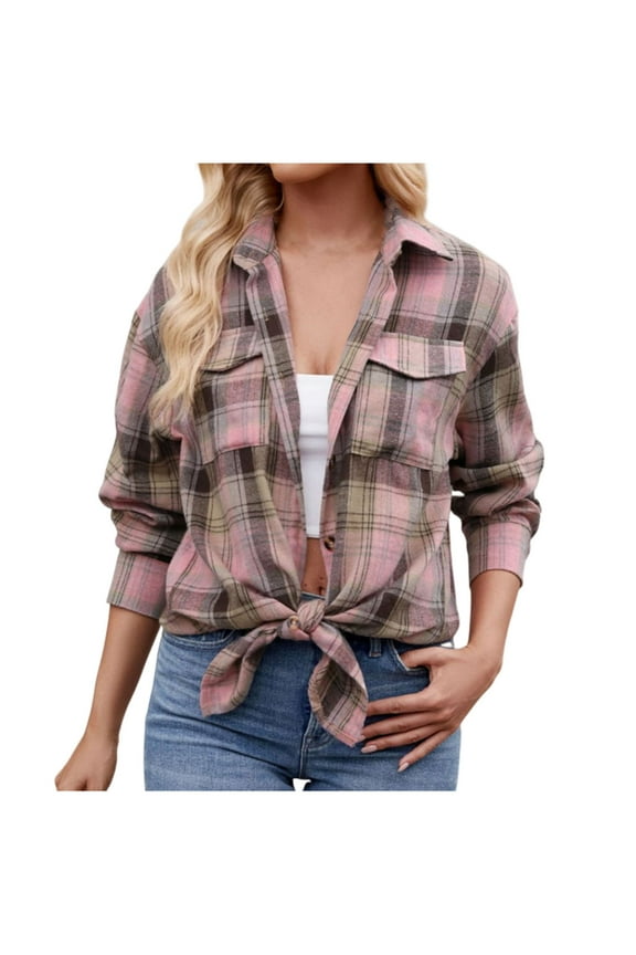 Women's Fall Shirt Soft Casual Plaid Flannel Regular Fit Long Sleeve Lapel Button Up Blouse Daily Clothes Pink