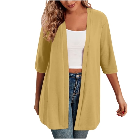 ZQUUVOU Lightweight Cardigans for Women Open Front Kimono Short Sleeve Beach Cover Up Top Casual Dressy Loose Cardigan Yellow