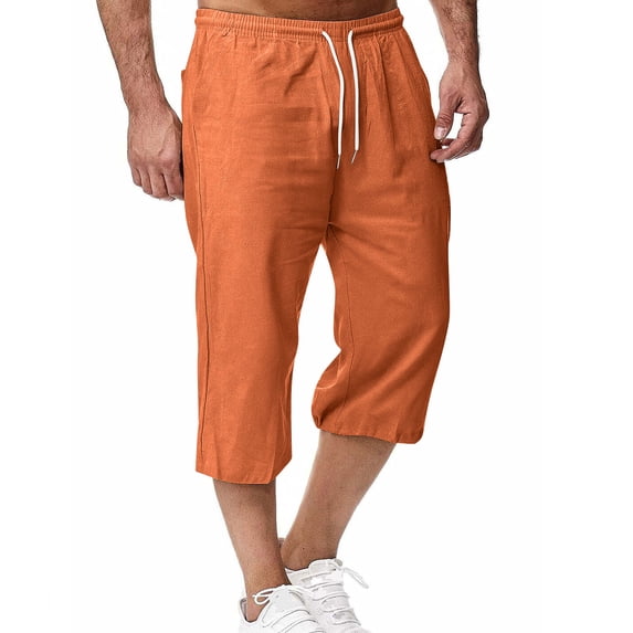ZQUUVOU Linen Capri Pants for Men Solid Loose Casual Drawstring Straight Leg Breathable Summer Shorts with Pockets Orange