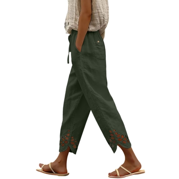 ZQUUVOU Linen Capri Pants for Women Drawstring Waist Cotton Blend Hollow Out Hem Ankle Length Casual Boho Cropped Trousers Olive Green