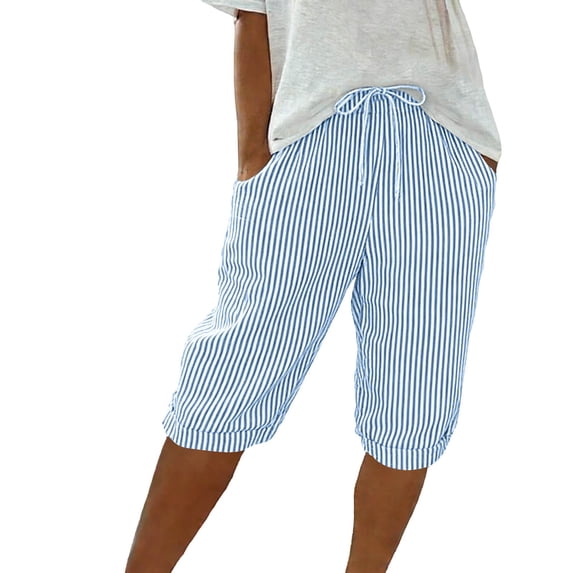 ZQUUVOU Linen Shorts for Women Striped 5 Inch Inseam Casual Summer Lightweight Breathable Elastic Waist Shorts with Pockets Blue