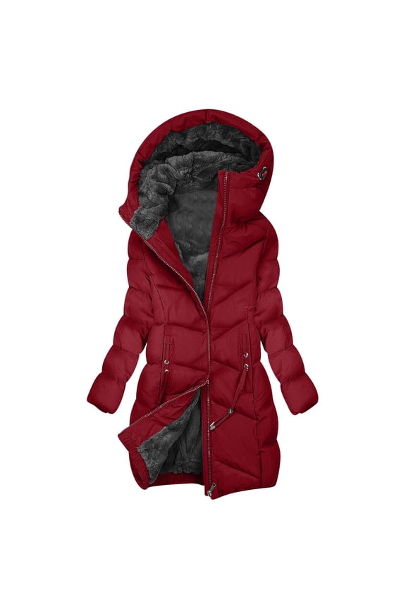 Long Puffer Jacket for Women Winter Thickened Fleece Lined Warm Hooded Coat with Pockets Down Coat Jacket Red
