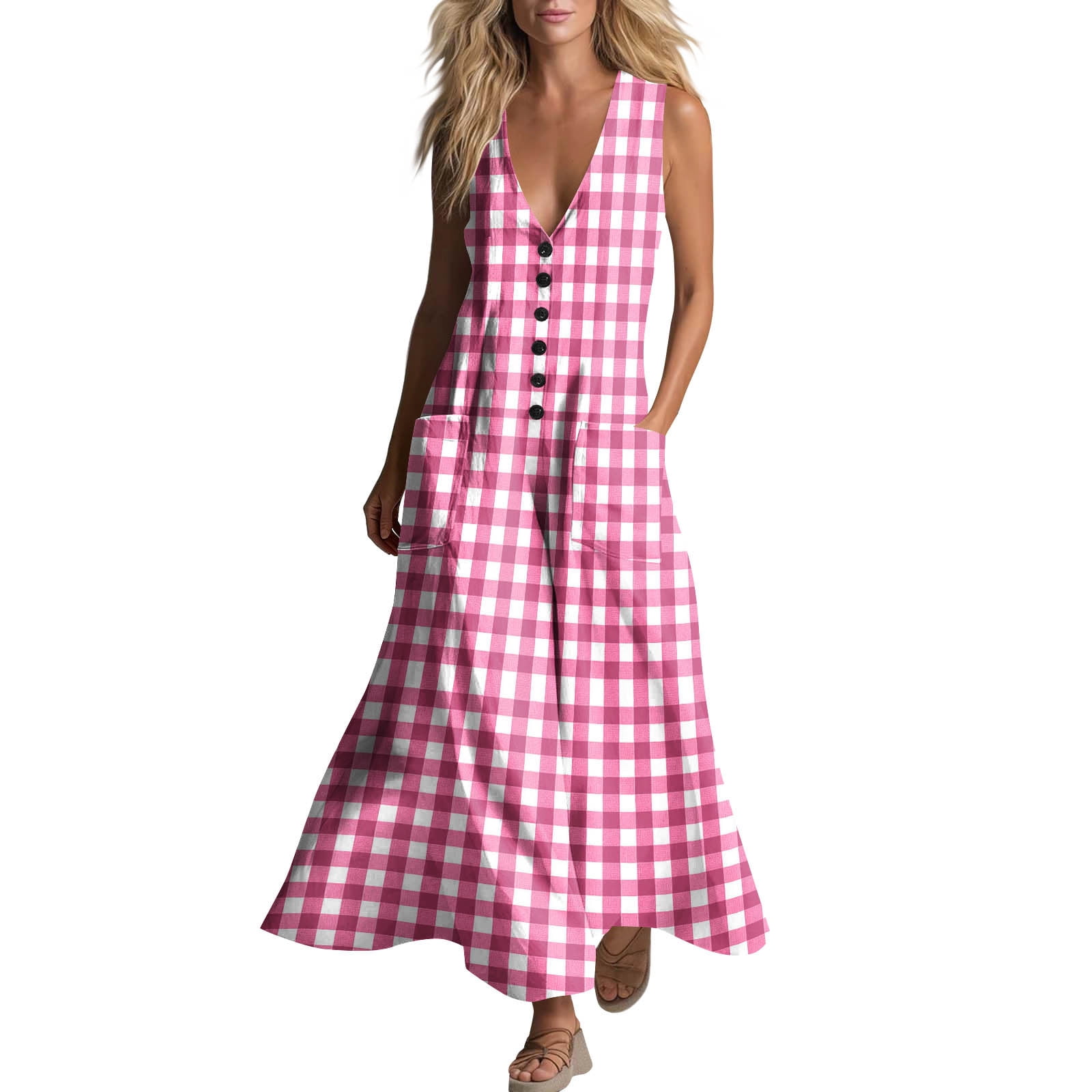 pink checkered casual dress Sweetina Women's Tie Back Plaid Casual Dress,Polka Dot Dress