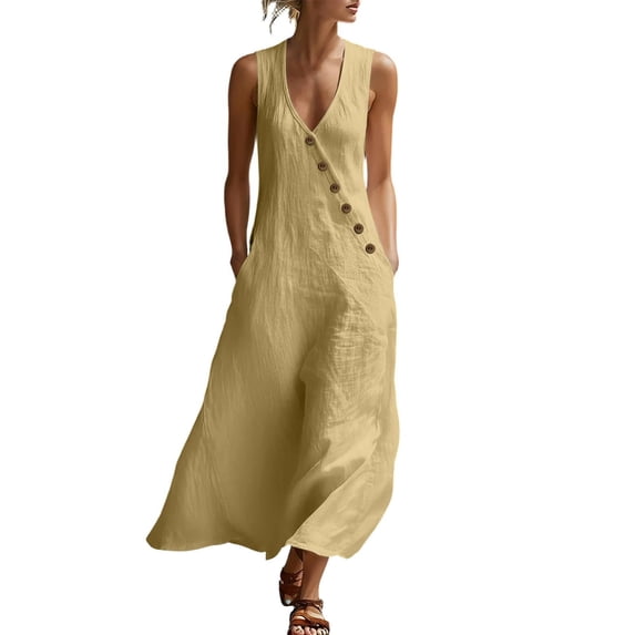 ZQUUVOU Maxi Dresses for Women Cotton Summer Sleeveless Deep V Button Down Tank Dress with Pocket Casual Boho Beach Vacation Yellow