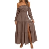 Split Jeans Sticker ZQUUVOU Maxi Dresses for Women Off Shoulder Summer Long Sleeve Ruffle ...