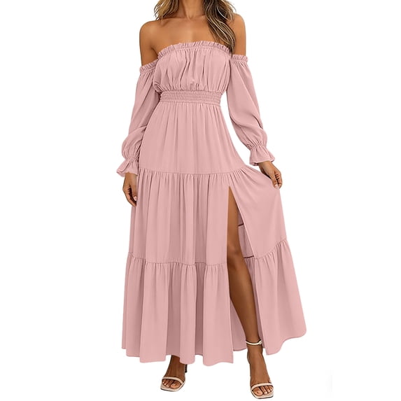 ZQUUVOU Maxi Dresses for Women Off Shoulder Summer Long Sleeve Ruffle Smocked Waist Side Split Tiered Elegant Vacation Dress Pink