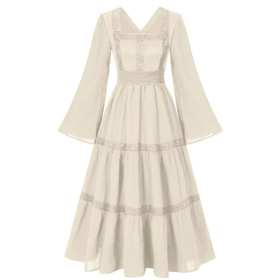 ZQUUVOU Medieval Renaissance Dress for Women Long Sleeve V Neck Victorian Corset Lace Up Back Vintage Gown Themed Party Beige