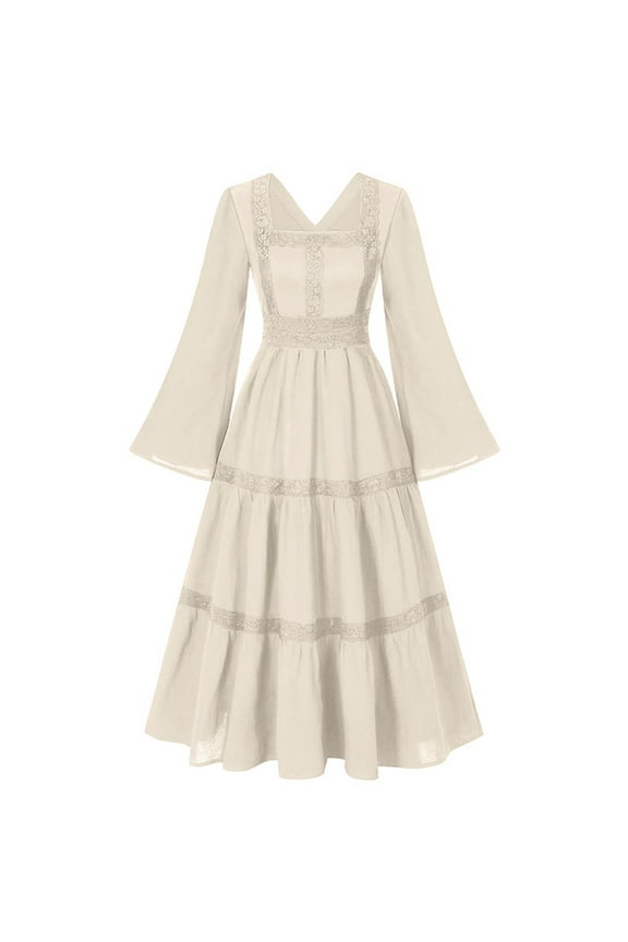 Medieval Renaissance Dress for Women Long Sleeve V Neck Victorian Corset Lace Up Back Vintage Gown Themed Party Beige