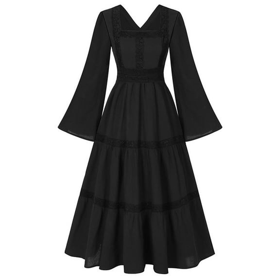 ZQUUVOU Medieval Renaissance Dress for Women Long Sleeve V Neck Victorian Corset Lace Up Back Vintage Gown Themed Party Black