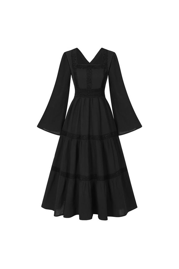 Medieval Renaissance Dress for Women Long Sleeve V Neck Victorian Corset Lace Up Back Vintage Gown Themed Party Black