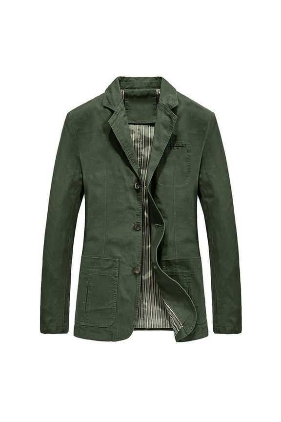 Men Casual Solid Color Fashion Button Blazer Suit Gentleman Three-Button Cotton Twill Outwear Jacket Olive Green
