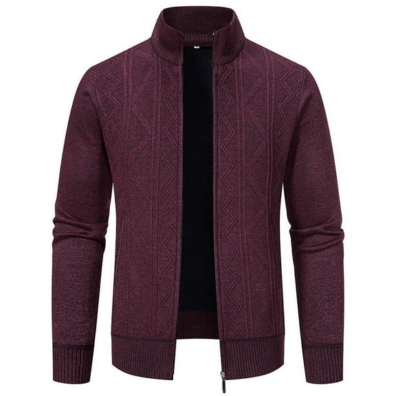 ZQUUVOU Men Casual Turndown Collar Zipper with Pocket Long Sleeve Knit Coat (Burgundy,4XL)