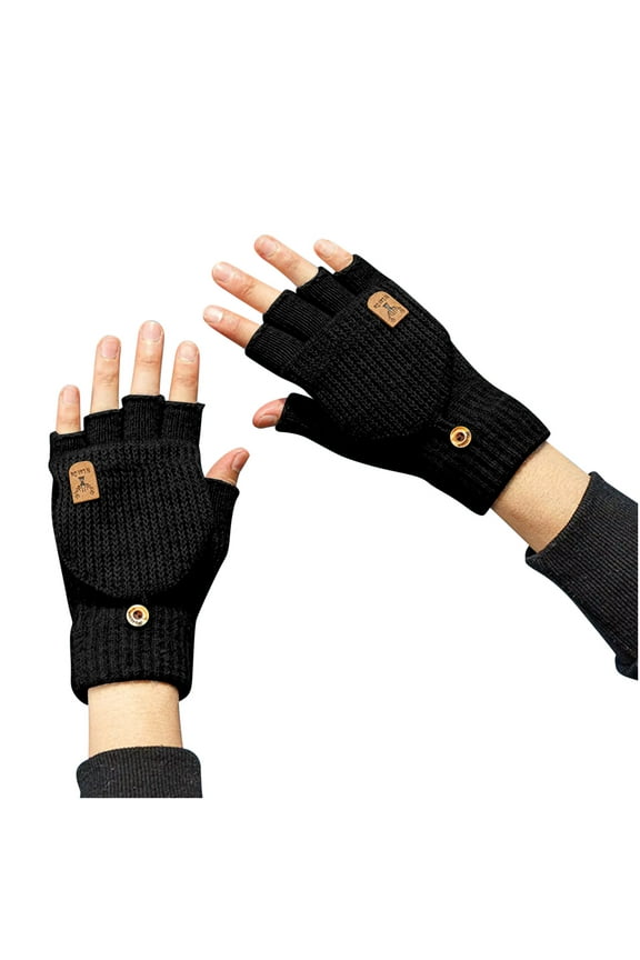 Men's And Women's Flip Top Knit Gloves with Separated Fingers Plush Lined Heavyweight Winter Protection Black