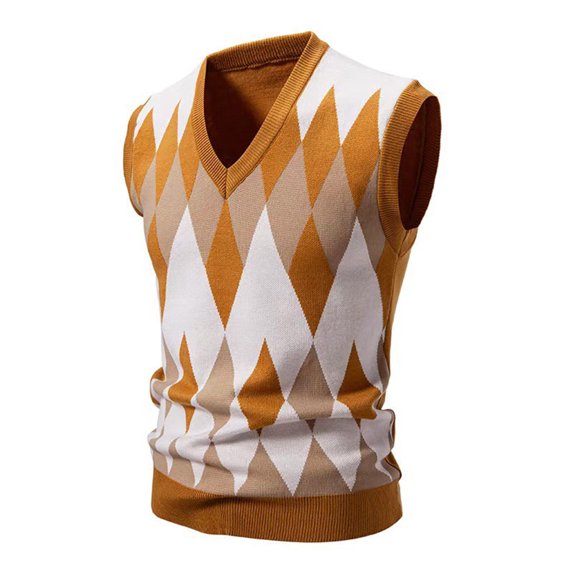 ZQUUVOU Men's Argyle Sweater Vest Color Block Plaid V Neck Sleeveless Knit Waistcoat Casual Layering Piece Pullover Sweater Gold