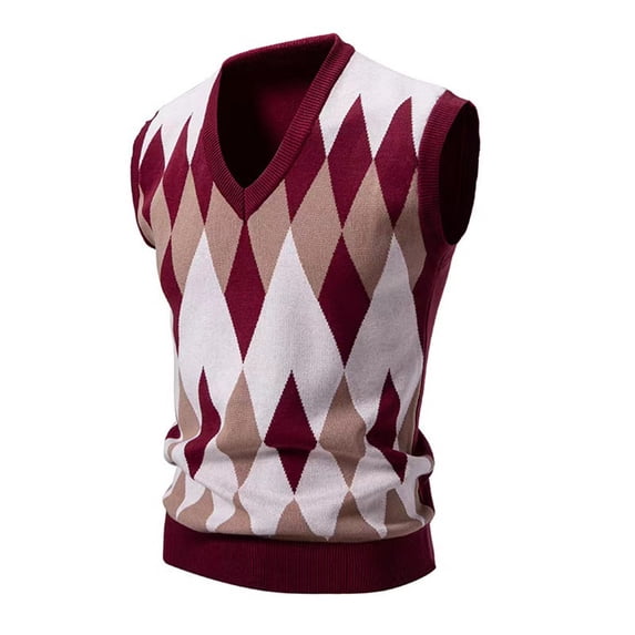 ZQUUVOU Men's Argyle Sweater Vest Color Block Plaid V Neck Sleeveless Knit Waistcoat Casual Layering Piece Pullover Sweater Red