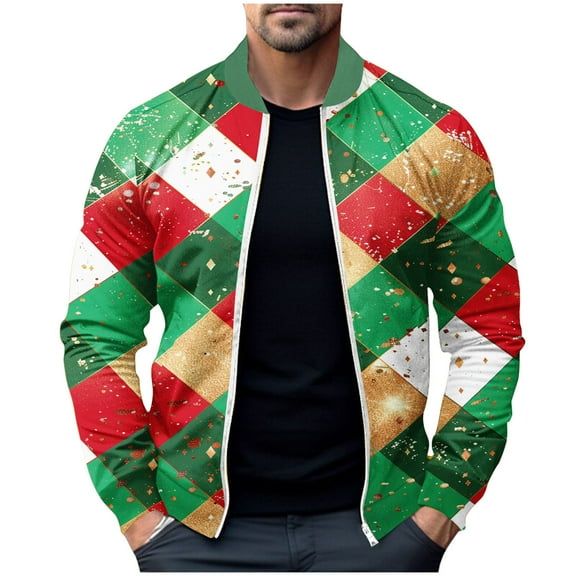 ZQUUVOU Men's Baseball Jacket Zip Up Casual Christmas Festival Printed Streetwear Elastic Solid Color Coat with Pocket White A