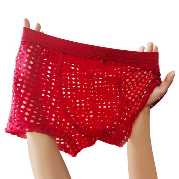 ZQUUVOU Men's Boxer Briefs Mesh Hollowed Out Solid Color Underpants (Red,M)