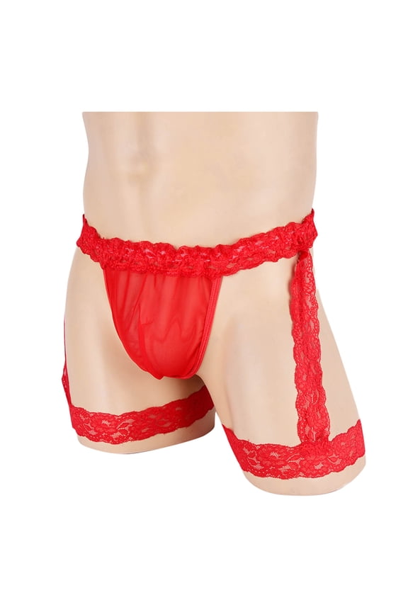 Men's Briefs Mesh Solid Clear Lace Thongs Underwear (Red,Free Size)