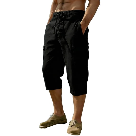 ZQUUVOU Men's Cargo Pants Solid Cotton Linen Summer Multi Pocket Drawstring Casual Straight Leg Fashionable Shorts Black