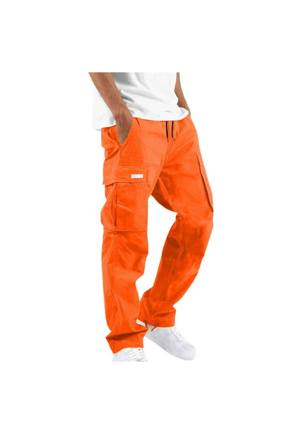 Men's Cargo Pants Straight Leg Drawstring Pasnts Multi Pocket Outdoor Workout Hiking Trousers with Patches Orange