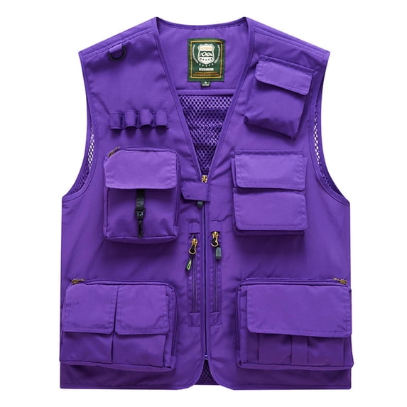 ZQUUVOU Men's Cargo Vest Outdoor Zipper V Neck Sleeveless Jacket Multi Pocket Work Safari Photo Travel Fishing Vests Purple