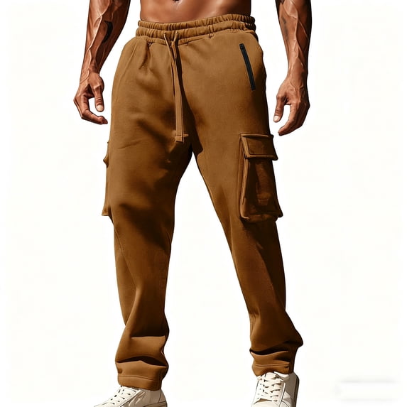 ZQUUVOU Men's Casual Cargo Pants Workwear Drawstring Elastic Waist Zippered Pockets Lightweight Trousers for Training Brown