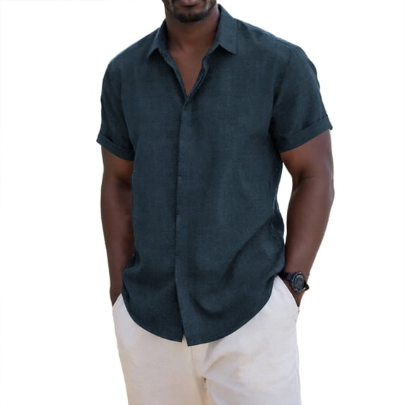 ZQUUVOU Men's Casual Cotton T-shirts Lightweight Button Down Collar Short Sleeve Tops Summer Vacation Wear Navy