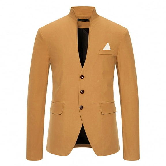 ZQUUVOU Men's Casual Solid Button Blazer Coat Gentleman Stand Collar Suit Blazer Suit Jackets Three Button Lightweight Unlined Sport Coat Khaki