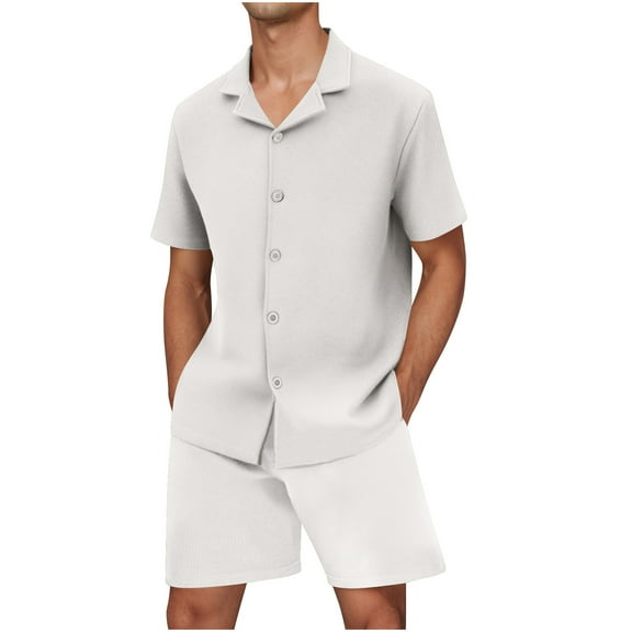 ZQUUVOU Men's Casual Sport Shirt Set Solid Color Short Sleeve Button Down Top and Shorts Summer 2 Piece Outfit White